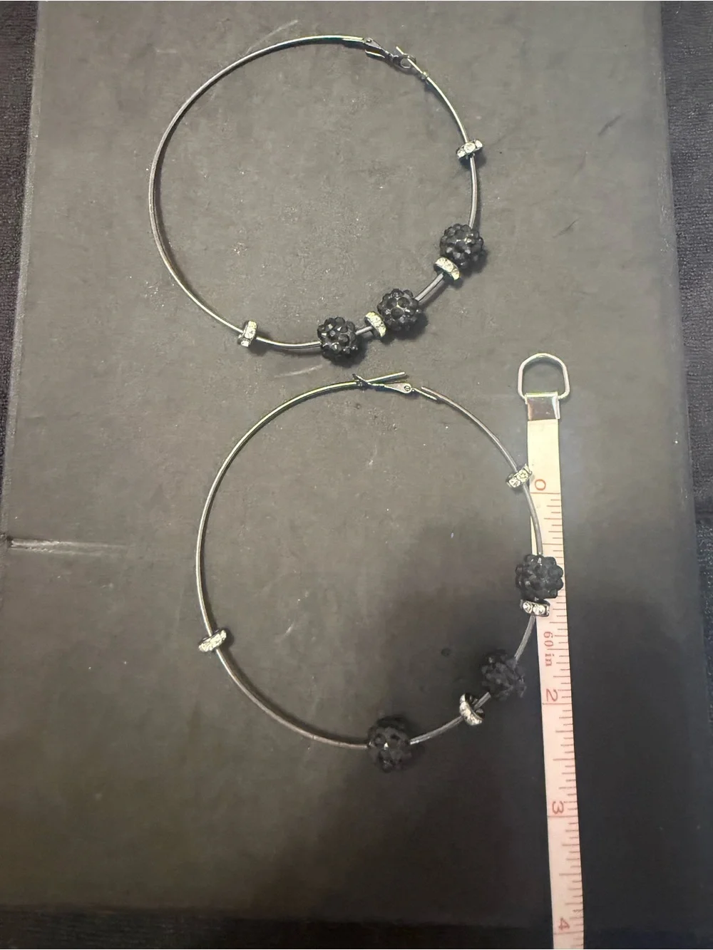Gunmetal  Hoop Earrings with Black Crystal Beads